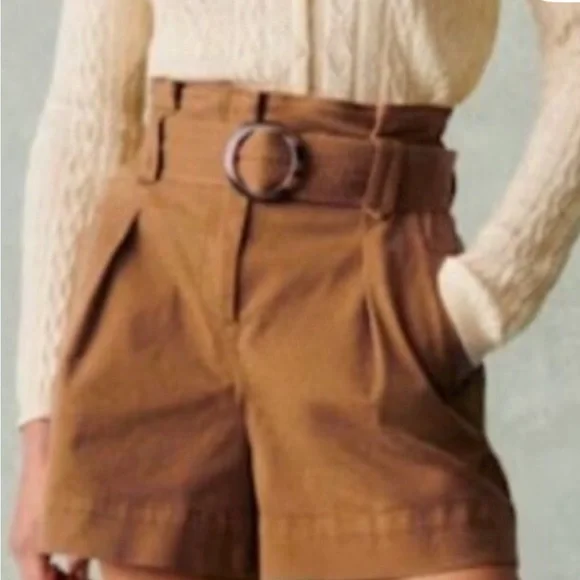 Sezane High Waist Tan Shorts with Belt - Picture 2 of 6